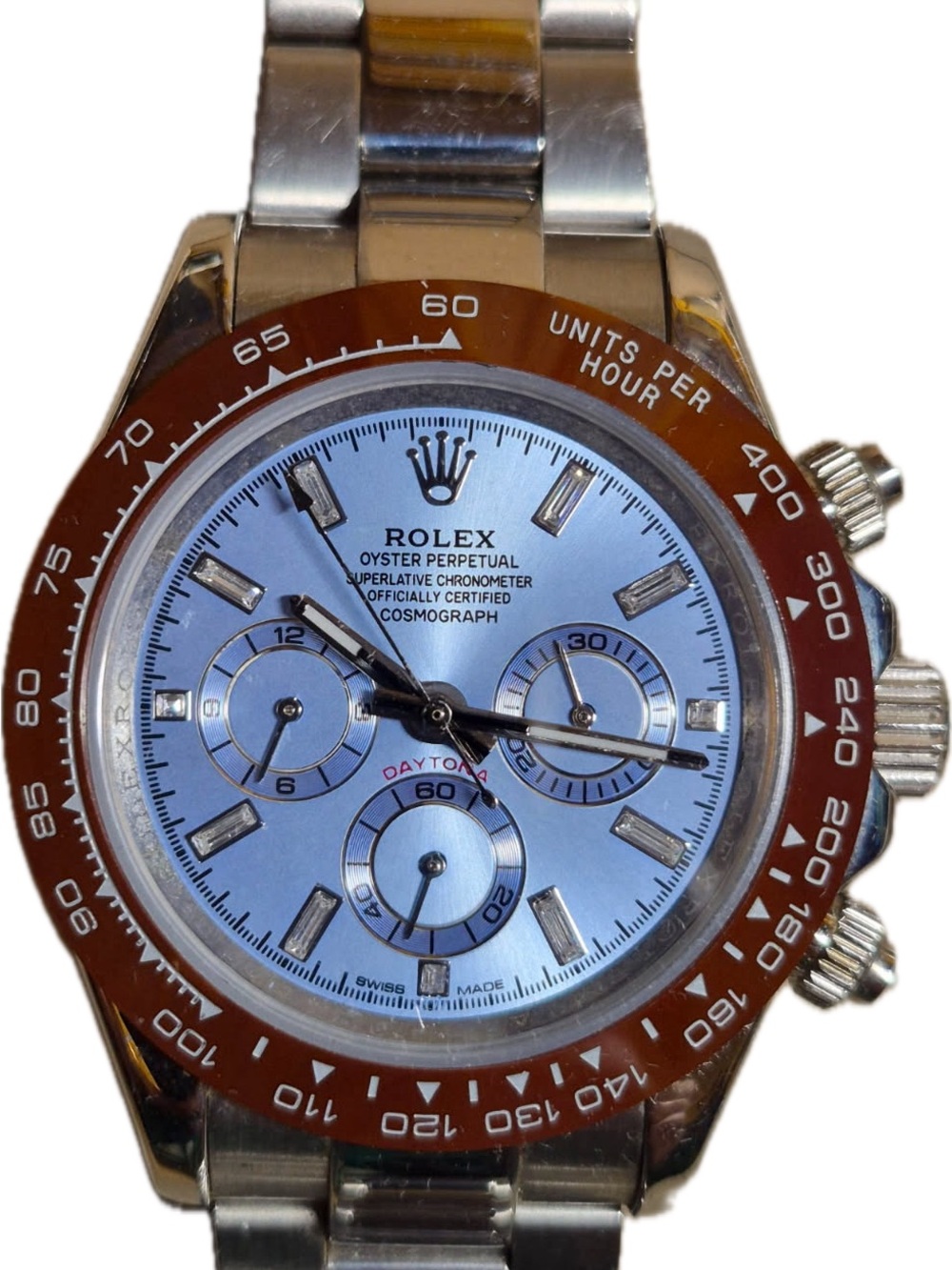 ROLEX-INSPIRED DAYTONA
PLATINUM “PLATONA" ICE BLUE DIAL W CERAMIC BROWN BEZEL